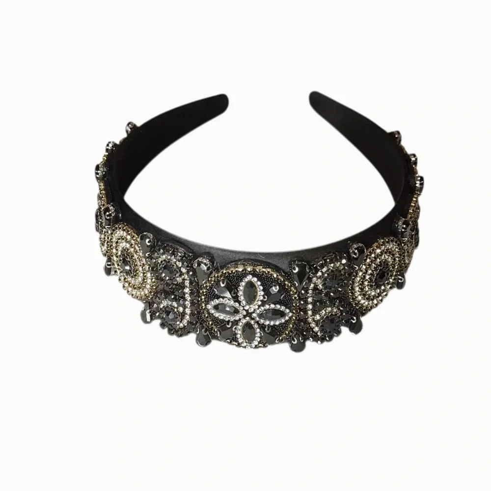 Elegant Black and Gold Bling Rhinestone Beaded Rmbellished Headband
